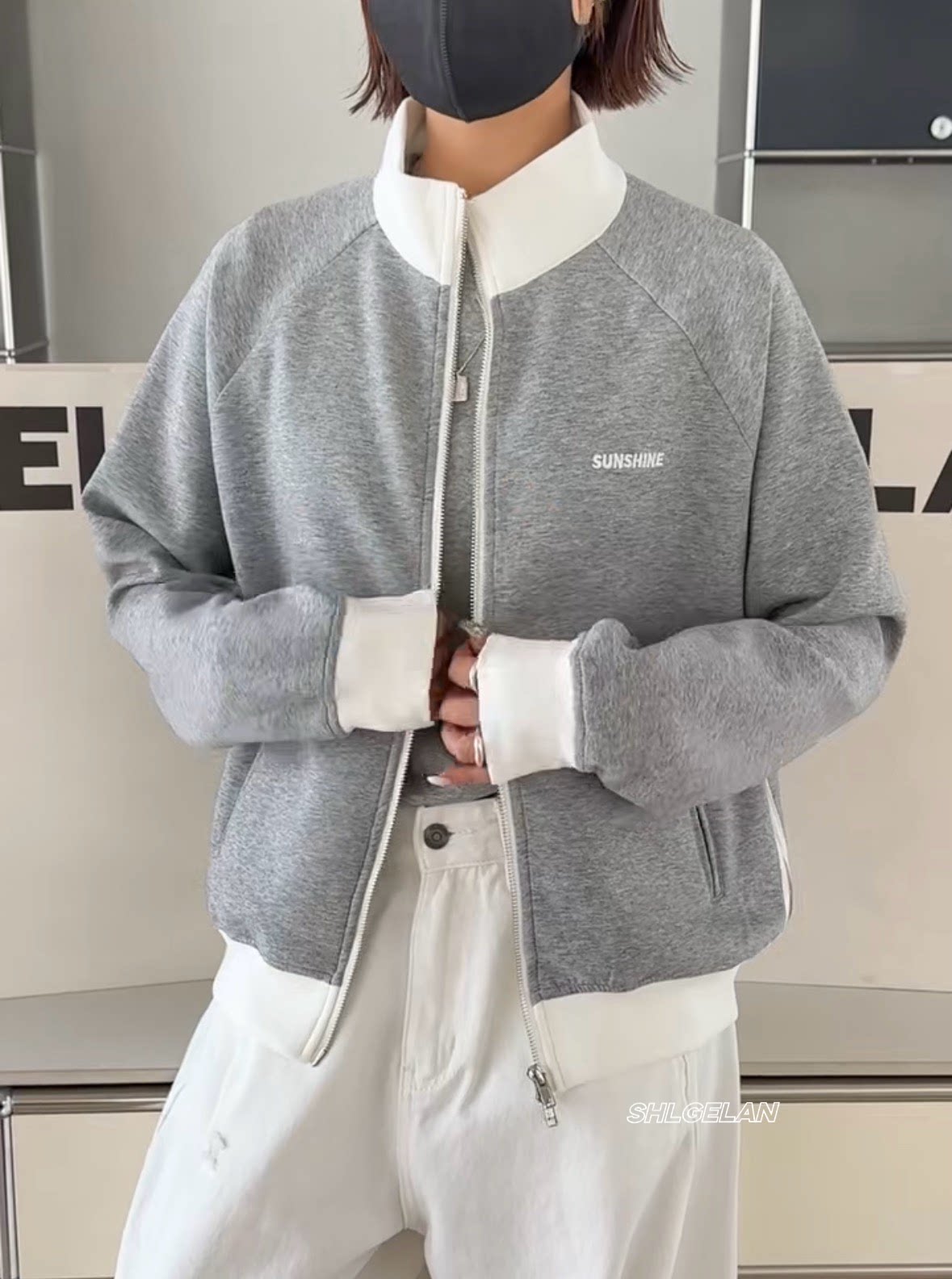 26-223拉链开衫 诗歌兰欧货女装2026春款气质浅灰色立领卫衣外套