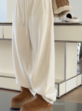 H1200诗歌兰韩货女装 2025冬款气质米白色松紧腰休闲裤摇粒绒卫裤