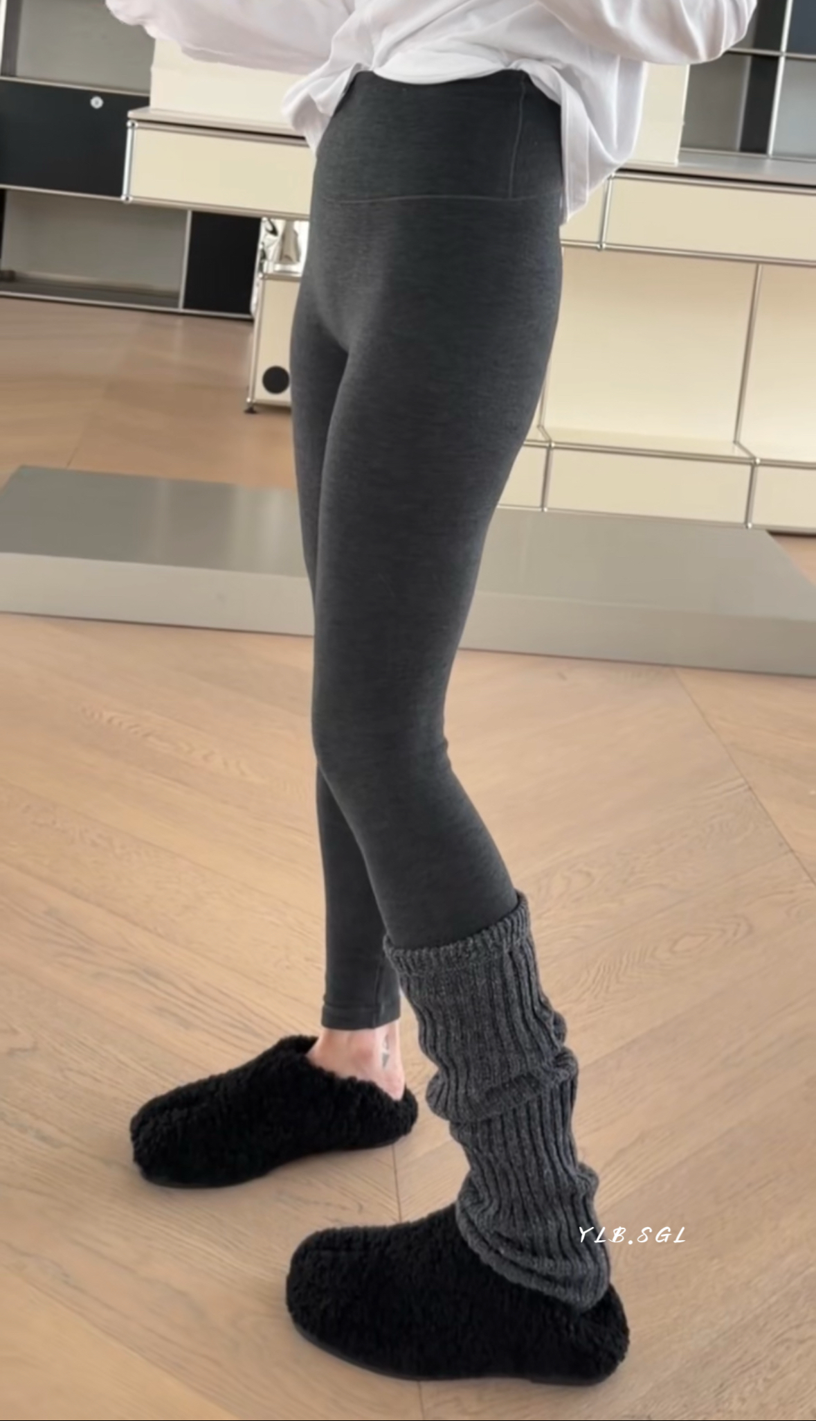 诗歌兰10233女装2025冬新款 百搭深灰色显瘦高腰加绒九分打底裤女