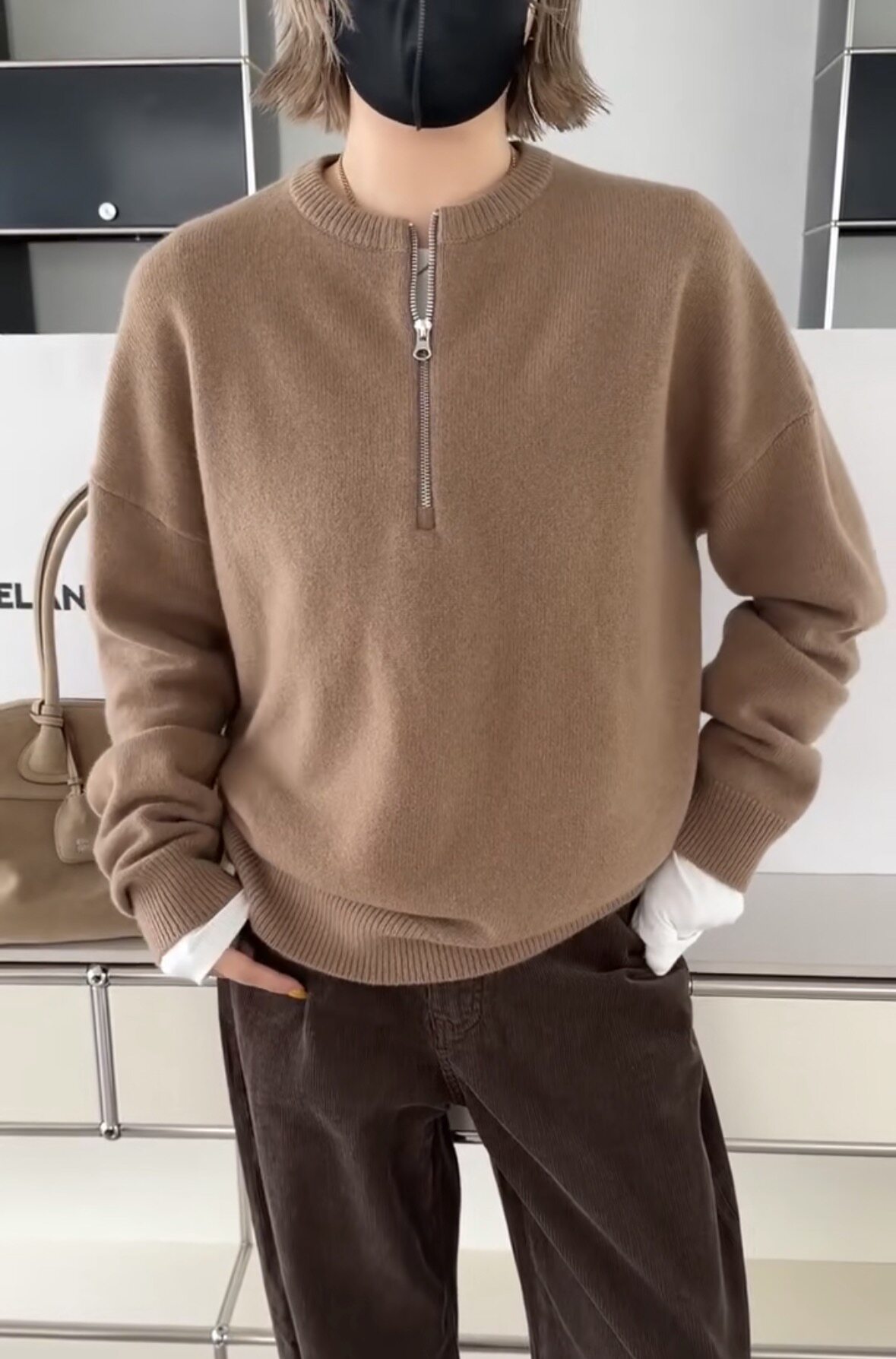 C26118半拉链毛衣诗歌兰26冬款女装气质百搭驼色圆领休闲羊毛毛衣