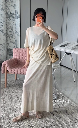 P26203气质套装裙 诗歌兰欧货女装2026夏款米杏色上衣+半裙套装女