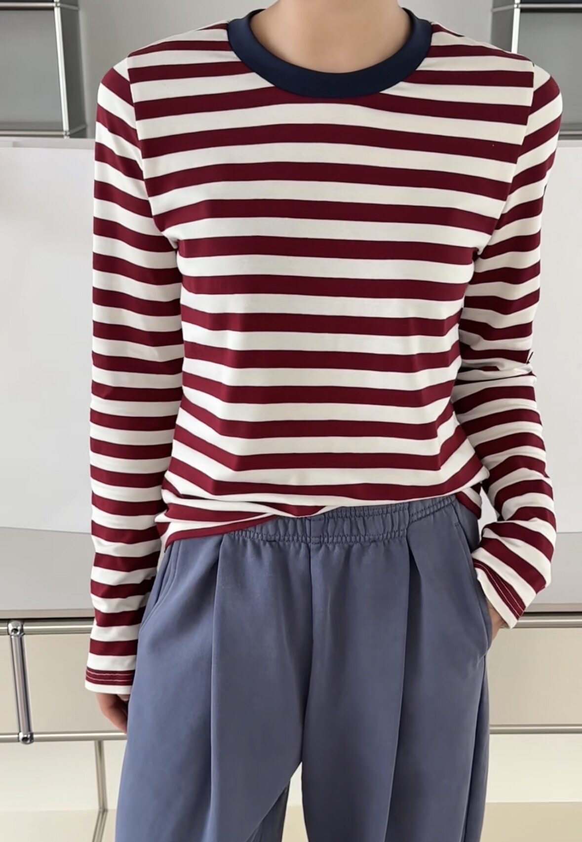C58971条纹打底衫 诗歌兰女装26秋冬款气质红色拼色条纹长袖T恤女