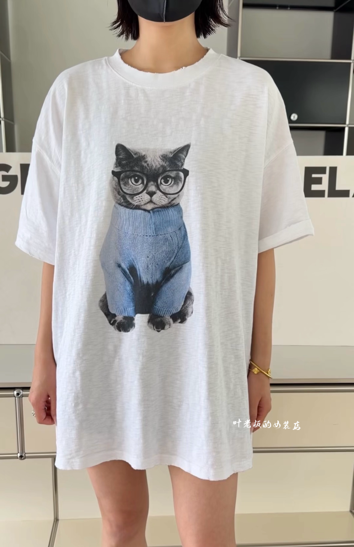 T1863卡通短袖 诗歌兰女装2026夏款白色圆领短袖中长款猫咪T恤女