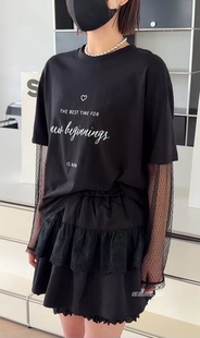 550801诗歌兰韩货女装2026春款 百搭简约款假两件蕾丝长袖字母T恤