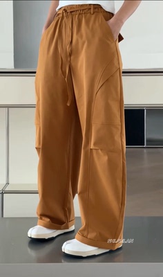 P2636欧货弯刀裤 诗歌兰女装2026春款气质橘黄色松紧腰直筒休闲裤