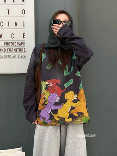 Z46发财T恤诗歌兰欧货女装2026早春款 气质做旧灰色卡通狗狗T恤