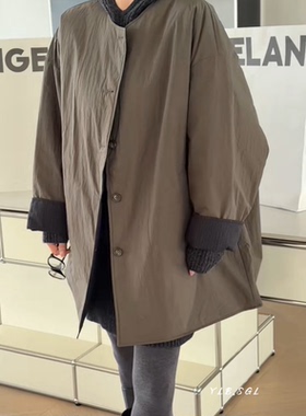 现货22081诗歌兰女装2025冬款 卡其绿圆领中长款双面穿棉衣外套女