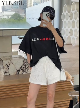 现货58342诗歌兰女装2025夏 气质藏青蓝圆领短袖字母印花休闲T恤