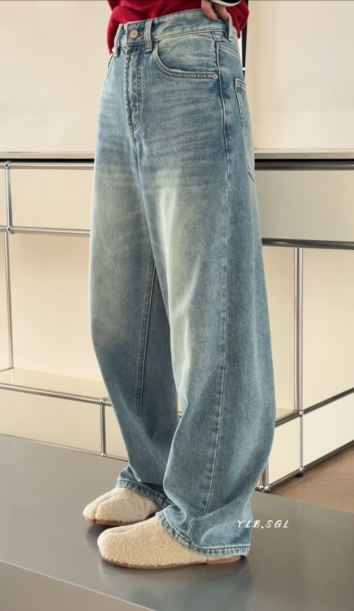 主推款18063诗歌兰女装25冬款 百搭显瘦直筒裤蓝色薄绒牛仔裤女