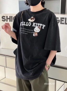 9105印花短袖诗歌兰欧货女装2026春款 做旧黑灰色圆领卡通T恤女