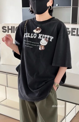 9105印花短袖诗歌兰欧货女装2026春款 做旧黑灰色圆领卡通T恤女