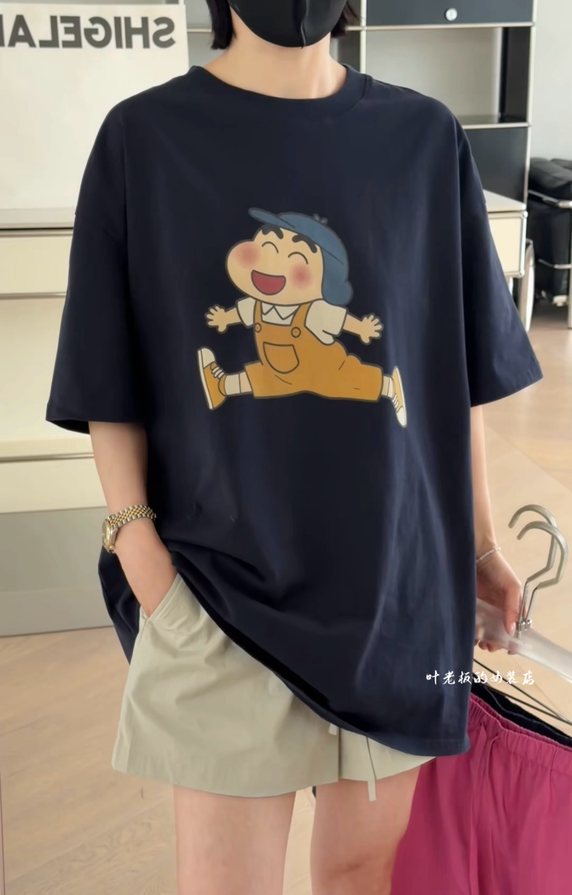 T3100卡通动漫短袖 2026夏款诗歌兰女装百搭藏青蓝中长款休闲T恤