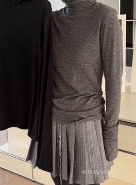 H12225诗歌兰韩货女装2026早春款 百搭简约深灰色堆堆领打底衫T恤