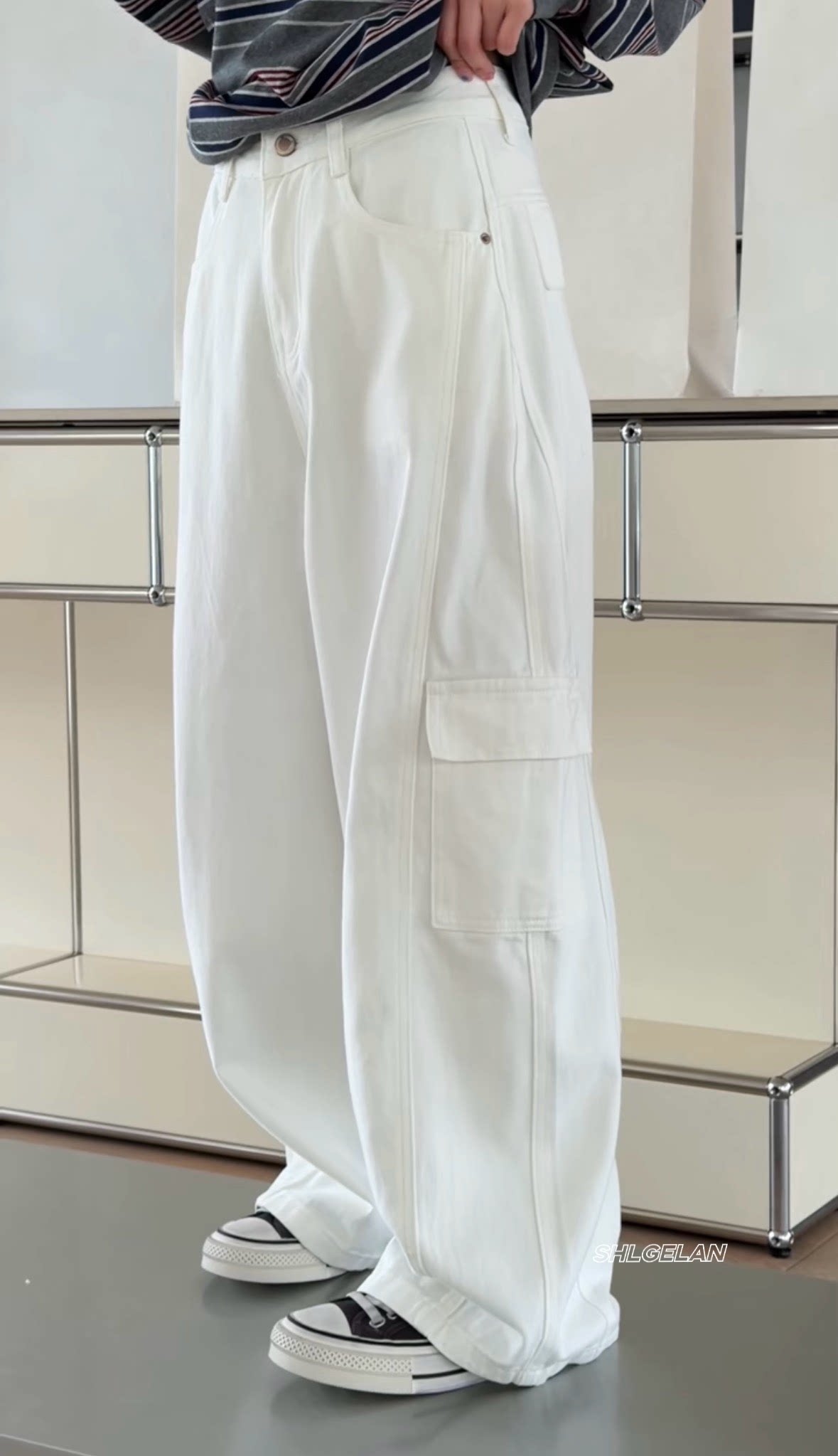 P75011休闲裤 诗歌兰欧货女装2026春款气质白色口袋工装裤牛仔裤