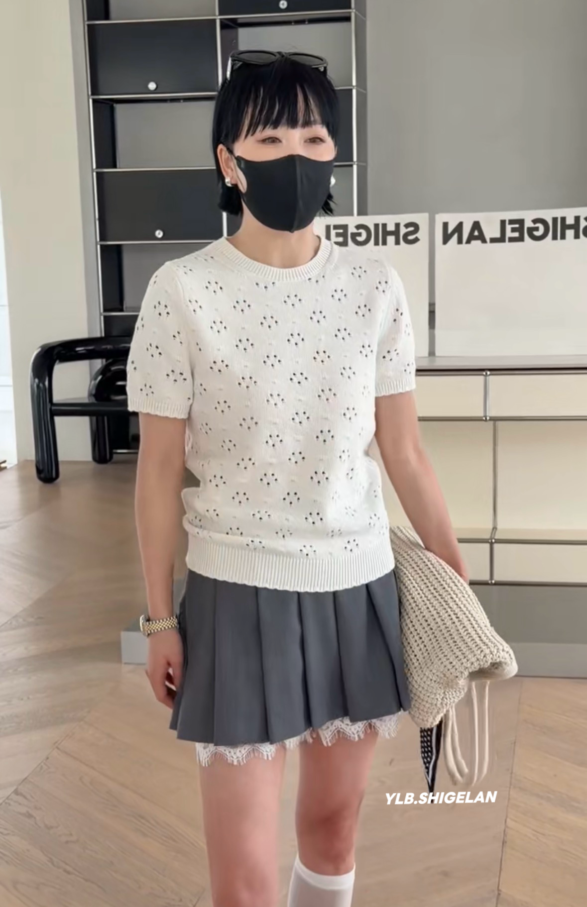 现货C26003镂空针织短袖 诗歌兰女装2026春款米白色花纹针织衫女