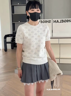 现货C26003镂空针织短袖 诗歌兰女装2026春款米白色花纹针织衫女