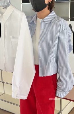 H06231短款衬衣 诗歌兰韩货女装2026春款气质蓝色竖条纹翻领衬衫