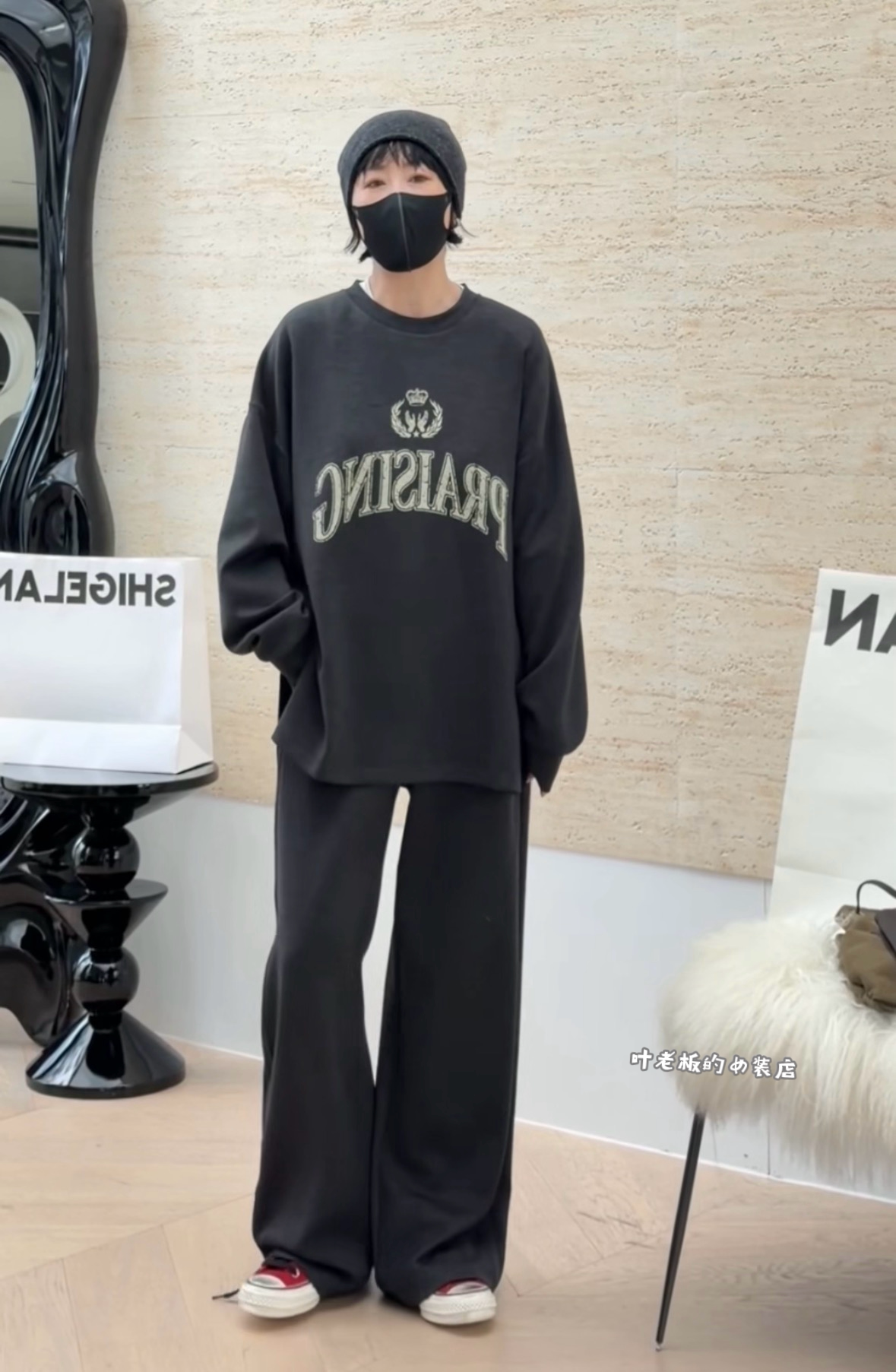 T72918字母套装 诗歌兰女装26秋款气质深灰色长袖卫衣+卫裤套装女