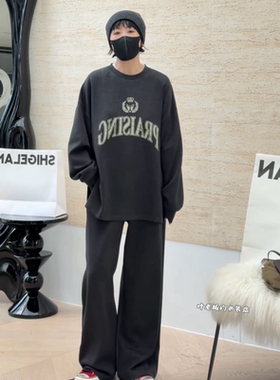 T72918字母套装 诗歌兰女装26秋款气质深灰色长袖卫衣+卫裤套装女
