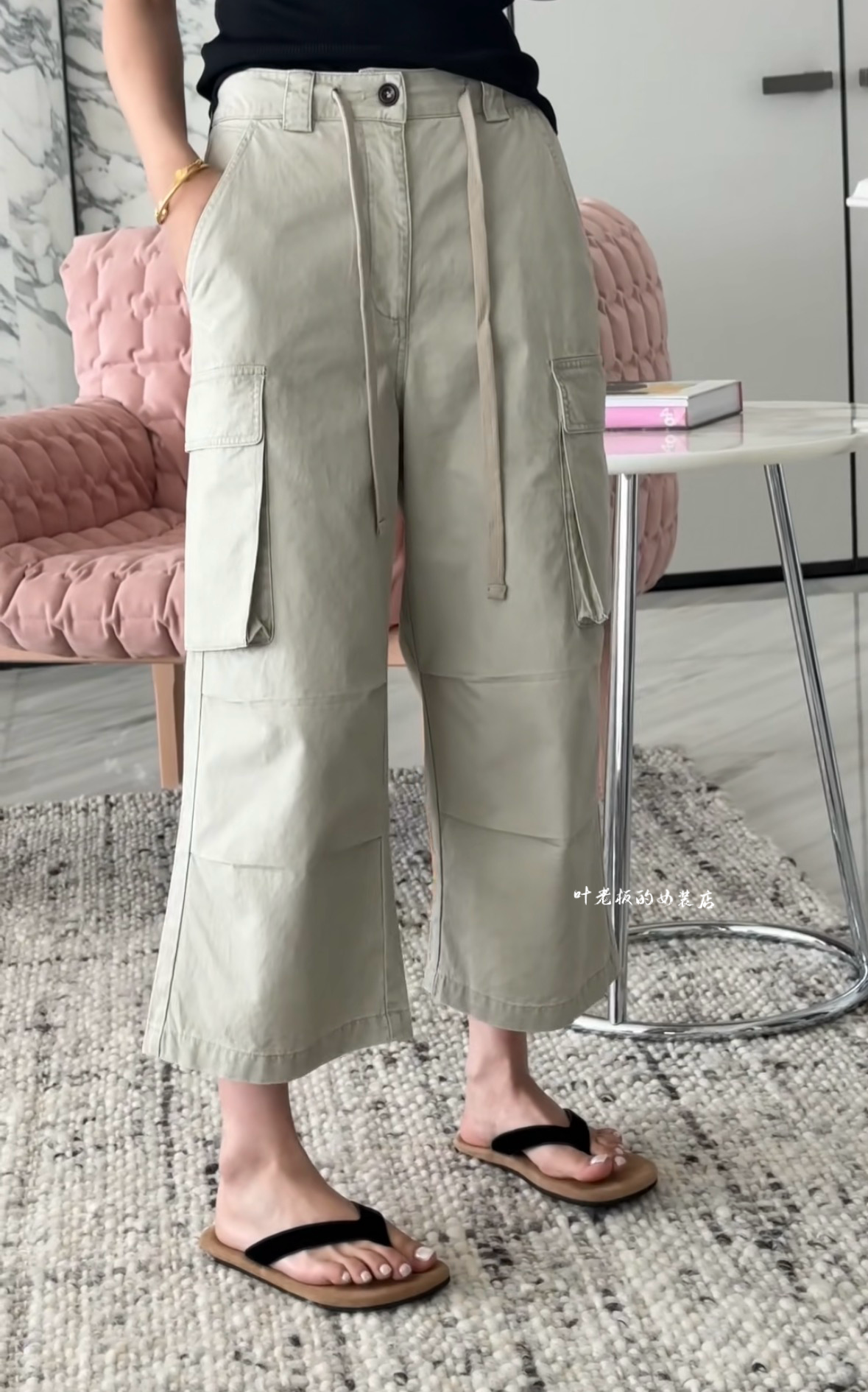 T17132抽绳休闲裤 诗歌兰欧货26夏女装气质米灰色口袋九分工装裤