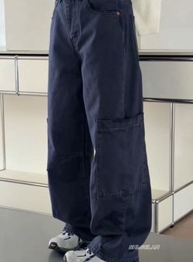 26255工装裤 诗歌兰女装2026早春款时尚气质深蓝色做旧口袋牛仔裤