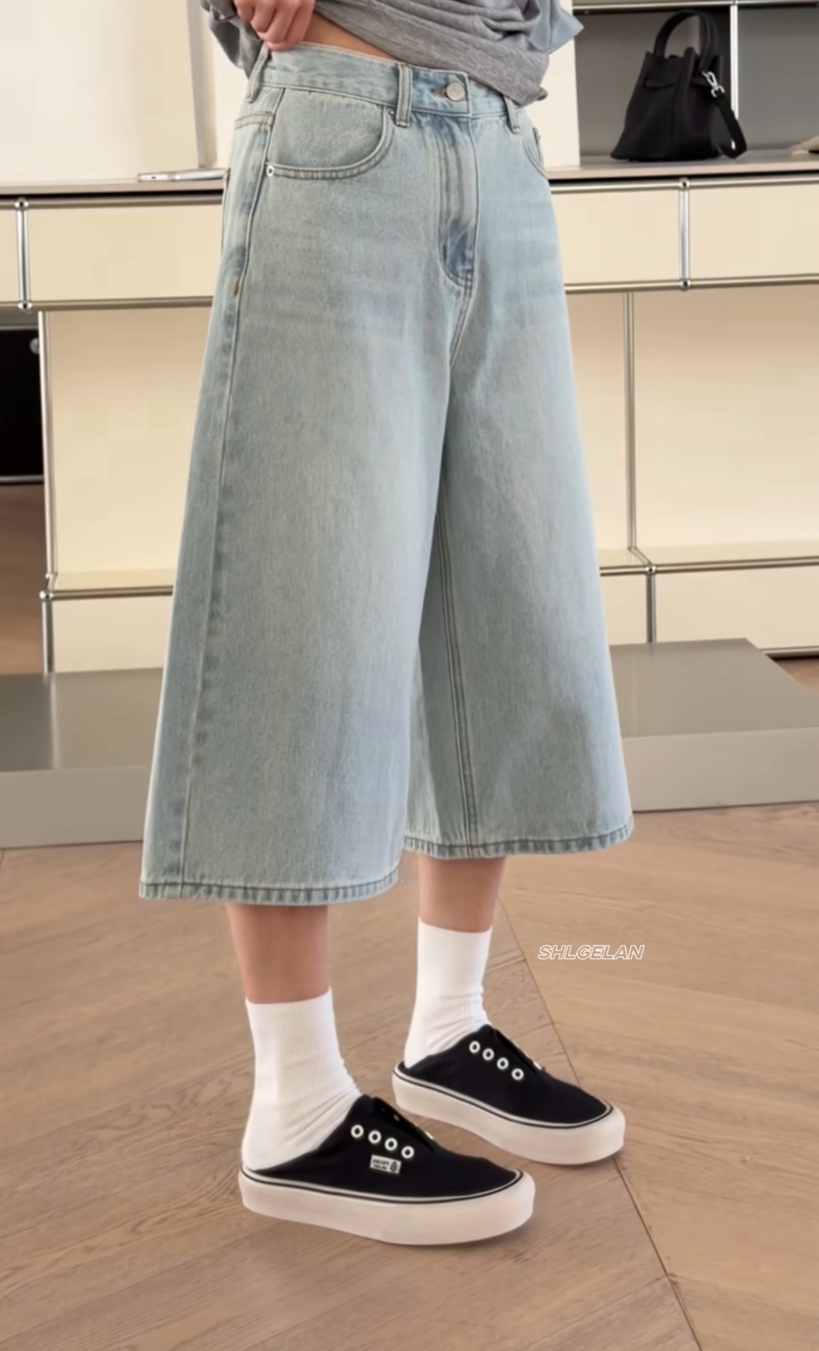 T59080七分裤诗歌兰欧货女装2026春夏款气质浅蓝色阔腿短裤牛仔裤