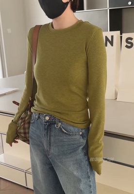 H12963诗歌兰韩货女装2026早春款 气质军绿色垫肩圆领T恤打底衫女