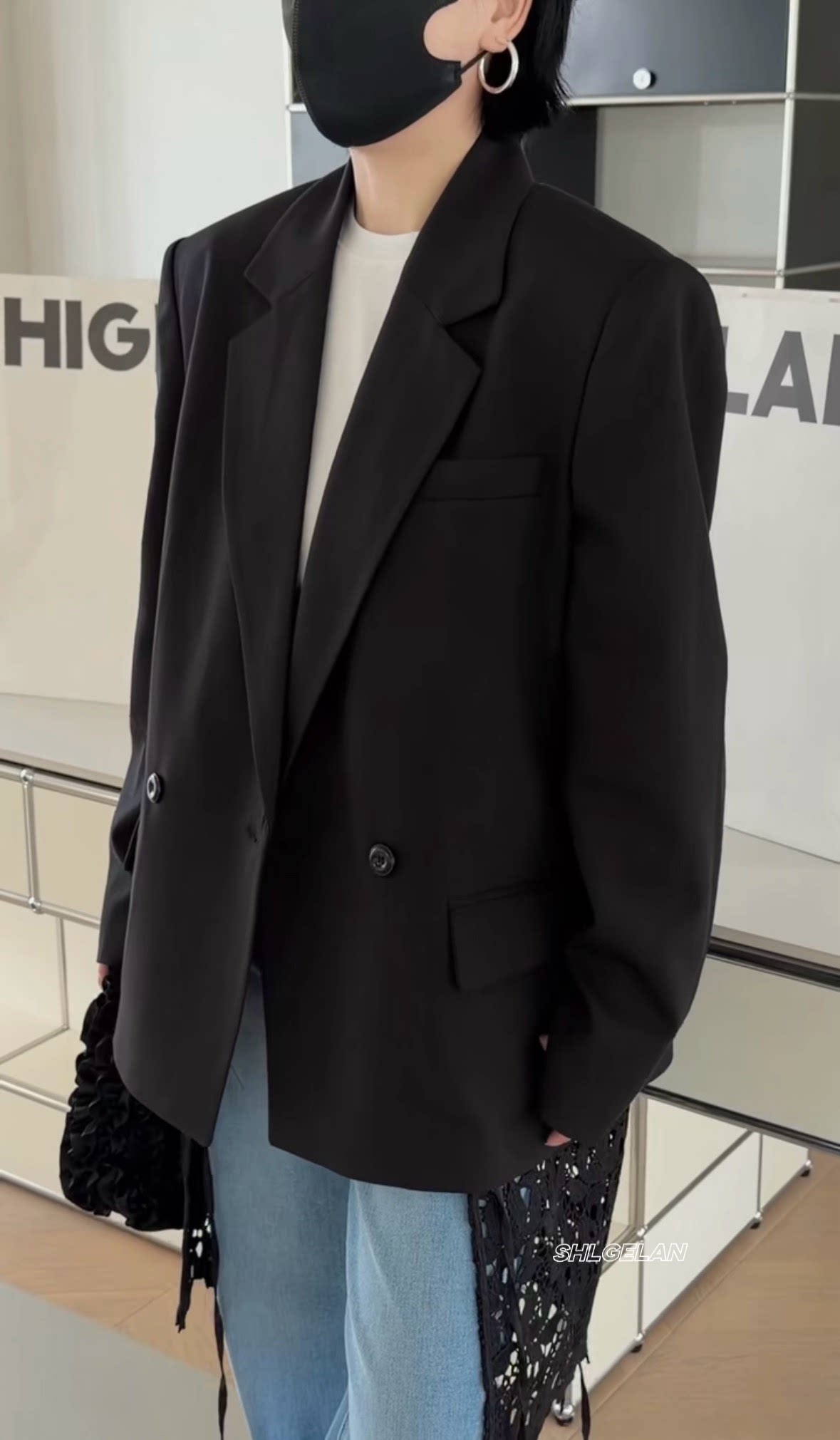 T80039欧货外套 诗歌兰女装2026春款气质黑色拼接蕾丝西装外套女