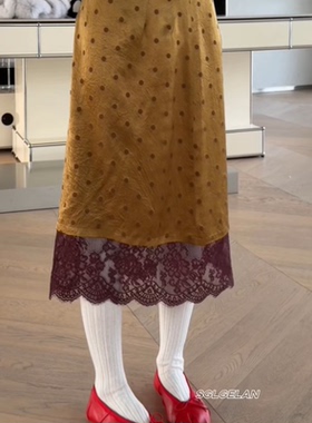 5289诗歌兰欧货女装 2026早春款气质黄色醋酸波点裙蕾丝半身裙女