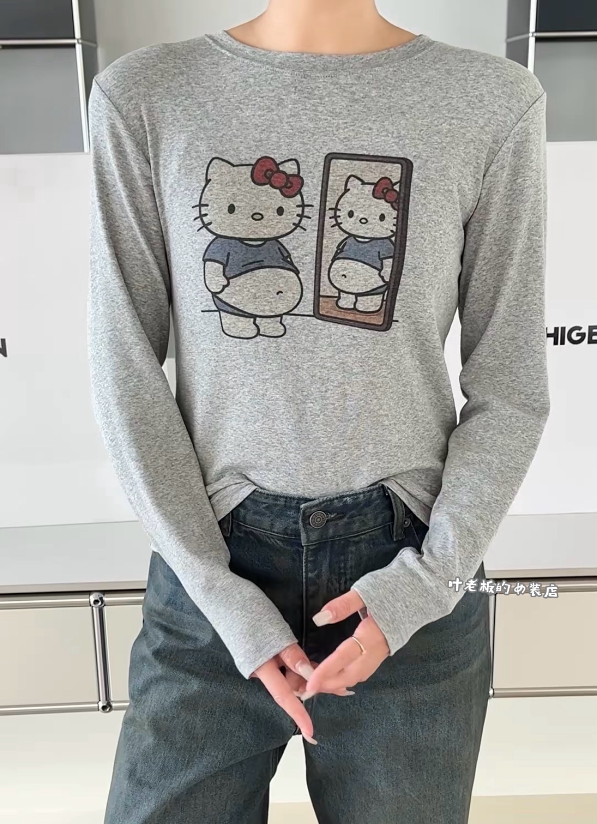 H8019韩货短款T恤 诗歌兰女装26秋款气质百搭卡通猫咪圆领长袖女