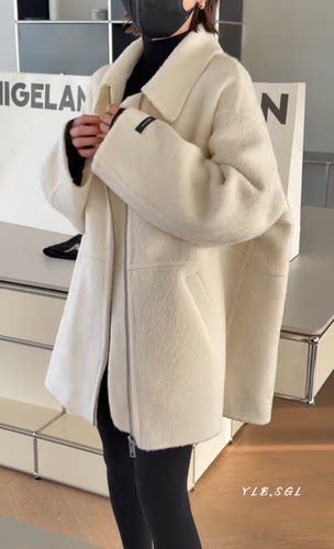 247172诗歌兰女装2025冬款 时尚气质米白色翻领拉链双面羊绒外套