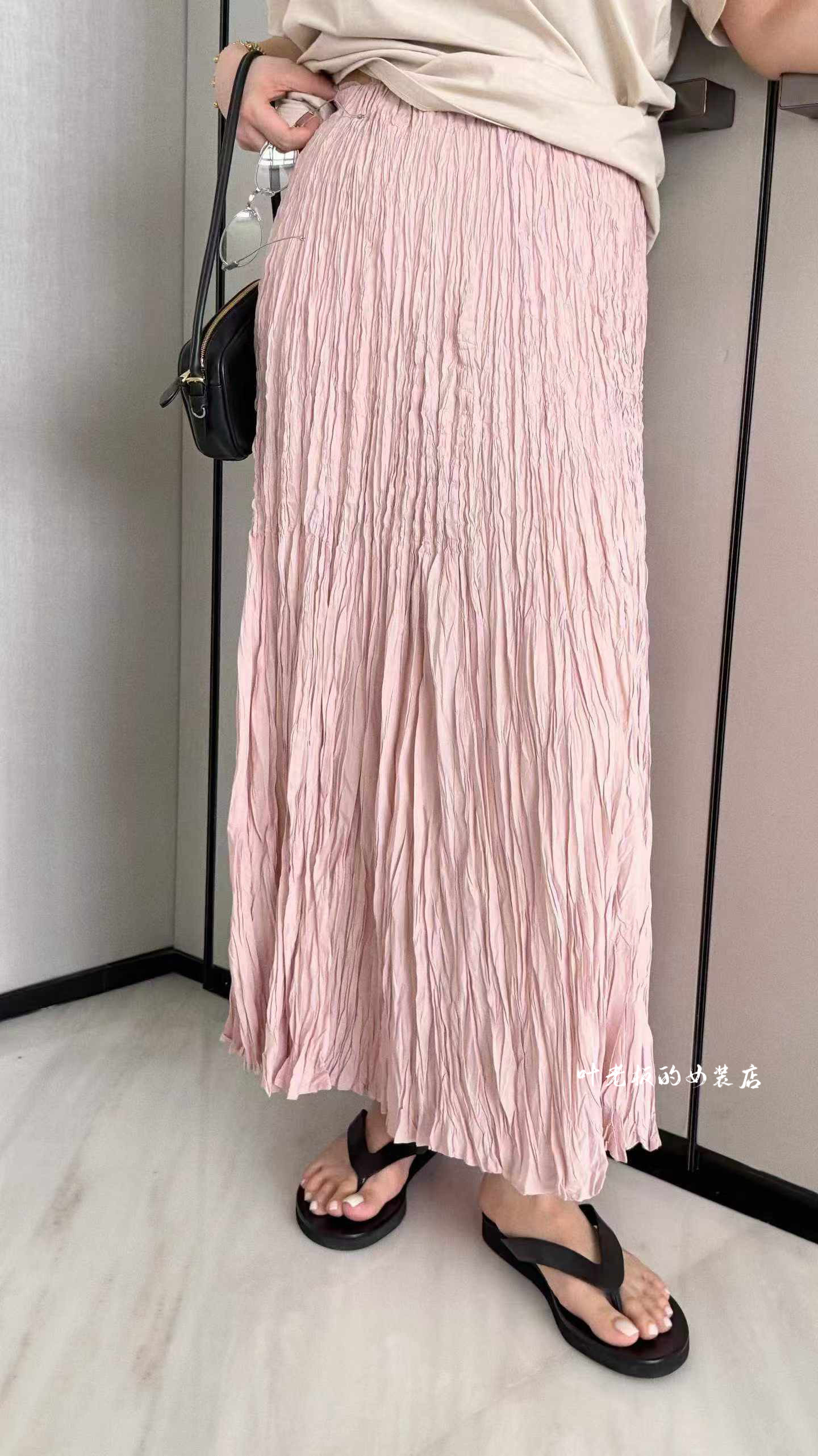 现货P2672褶皱半身裙 诗歌兰欧货2026夏气质粉色中长款百褶半裙女