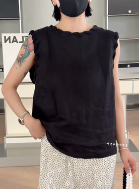 现货T3108苎麻背心 诗歌兰女装2026夏款黑色后绑带麻料无袖上衣女