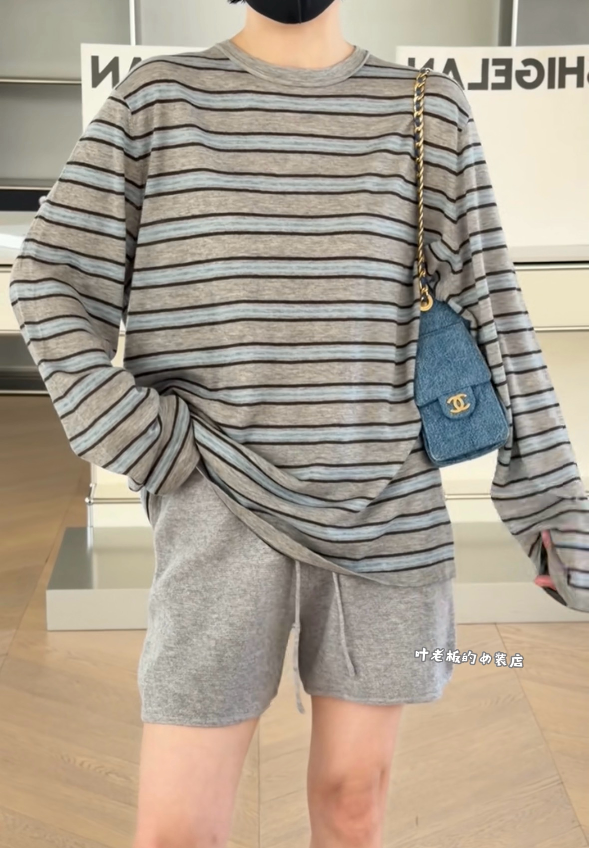 P7237慵懒针织 诗歌兰欧货26秋款百搭灰蓝色条纹圆领长袖针织衫女