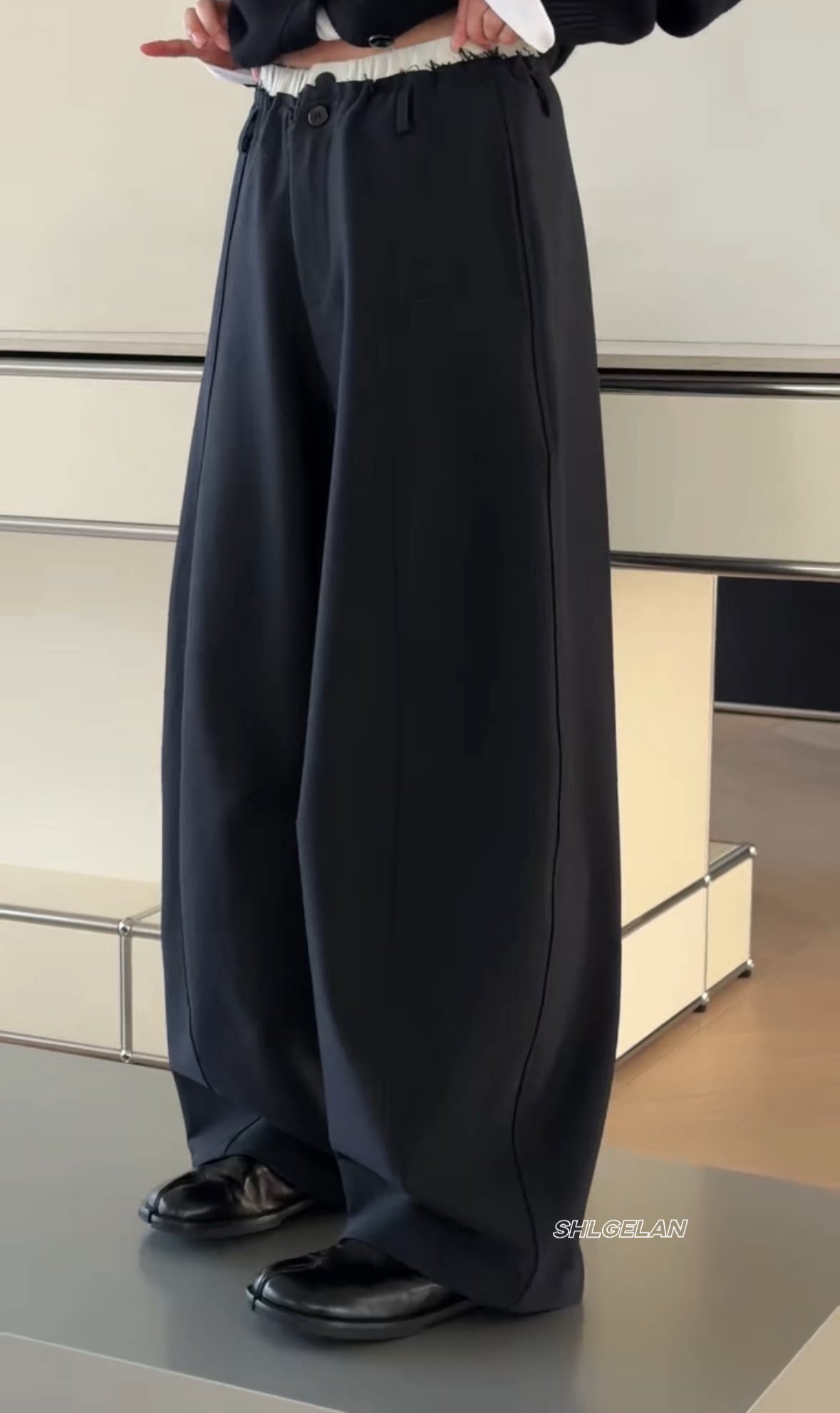 58093阔腿西裤 诗歌兰女装2026春款气质藏青蓝双腰松紧腰休闲裤