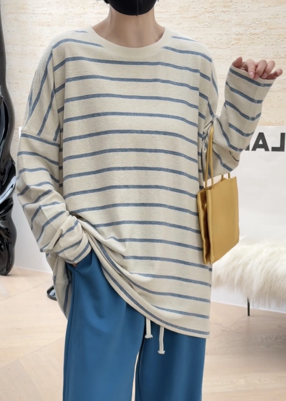 Z04149条纹长袖 诗歌兰欧货26秋款休闲宽松中长款条纹大版T恤女