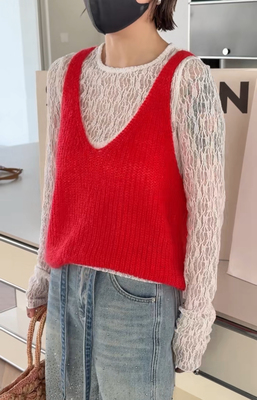 5252针织背心 诗歌兰欧货女装2026春款气质新年红V领打底马夹背心