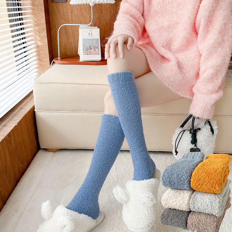 秋冬加厚小腿袜冬季珊瑚绒过膝长筒袜子JK加绒保暖腿套白色堆堆袜
