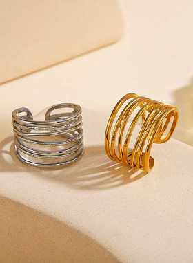 韩版小众简约钛钢镀几何凹凸多层线条镂空可调节开口戒指指环