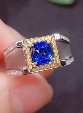 纯天然彩宝无烧蓝宝石18k黄金镶嵌男戒指大气简约大方