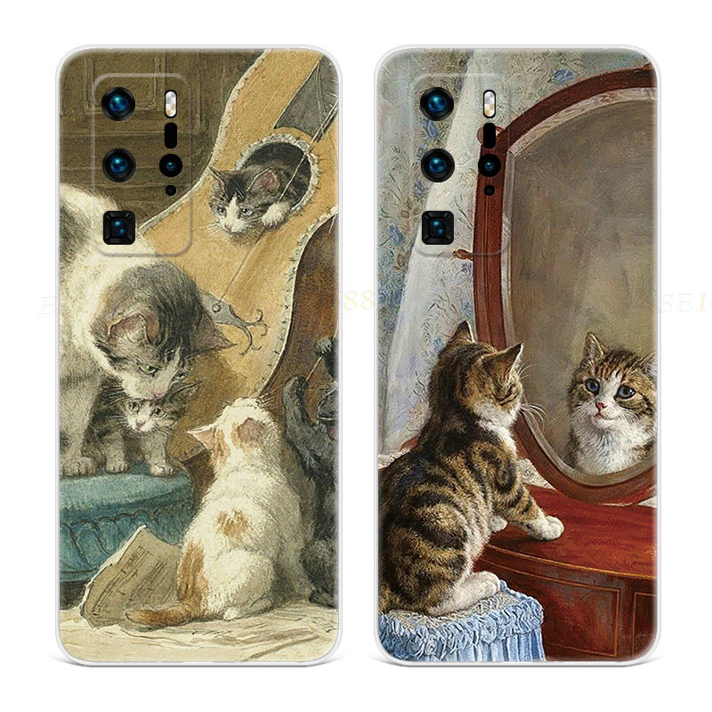法式油画猫咪适用华为p60手机壳p40p20pro+文艺p9p10plus超薄女款