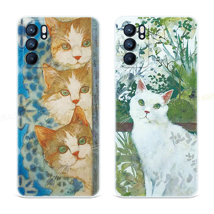 美术生猫咪9适用oppo Reno6手机壳8pro+7文艺5K复古4se油画3可爱2z女款Ace软十