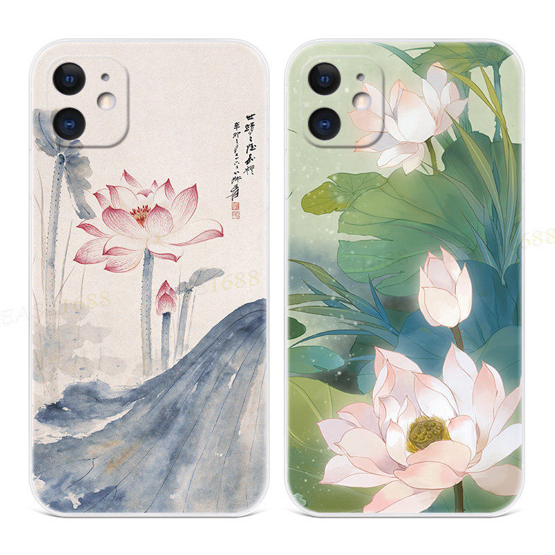 中国风荷花适用iPhone11苹果12手机壳X莲花XR文艺xsmax复古promax小清新mini迷你女款软
