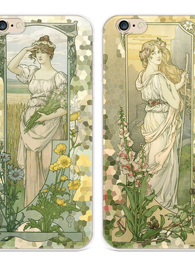 日漫插画适用iPhone13苹果7plus手机壳6s8女款mini穆夏油画14promax文艺软5se第一1二2三3代五六七八