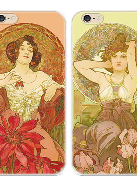 原创复古适用iPhone8plus苹果X手机壳6s7文艺XR插画xsmax穆夏女款软5se第一1二2三3代五六七八