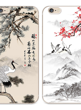 古风仙鹤适用iphone7plus苹果13手机壳6s8中国风14promax水墨画长辈用5se第一1二2三3代五六七八