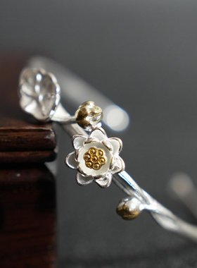 十二花神荷花银手镯复古汉服百搭