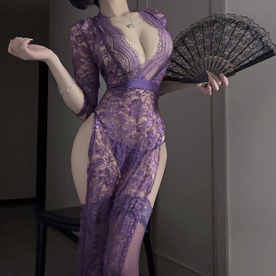 优雅长裙高开叉深V低胸睡衣长袖蕾丝透明女夜场秘书套装2026年新