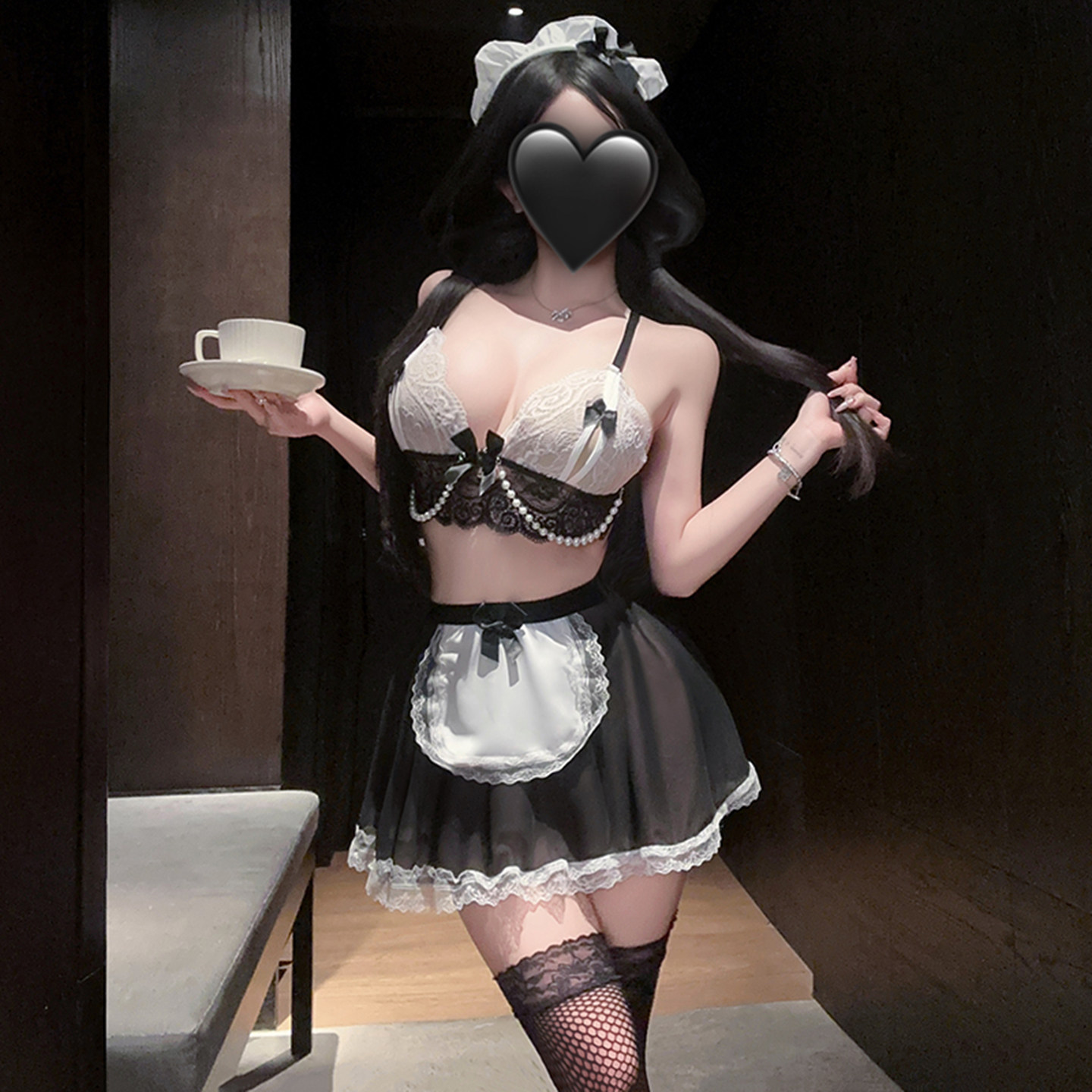 吊带背心黑色拼色分体女仆套装网纱透明小心机居家睡衣女深V小个