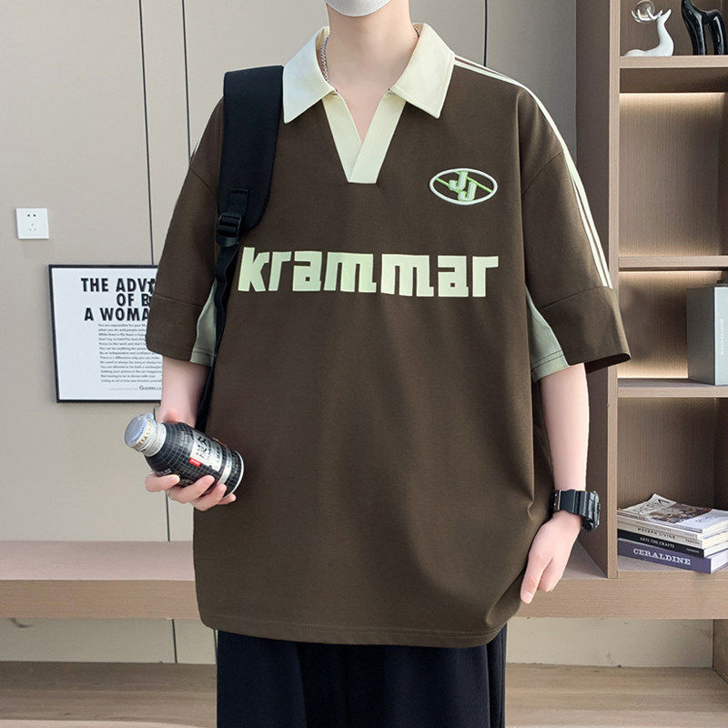 男士夏季学院风翻领短袖T恤青少年字母印花透气撞色潮牌上衣帅气